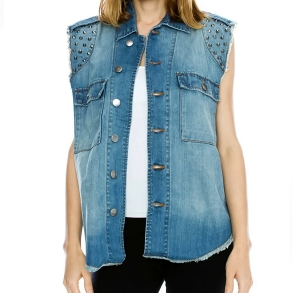 Mono B Distressed Studded Denim Vest Heavy Metal Rocker Chic One Size - Picture 6 of 11